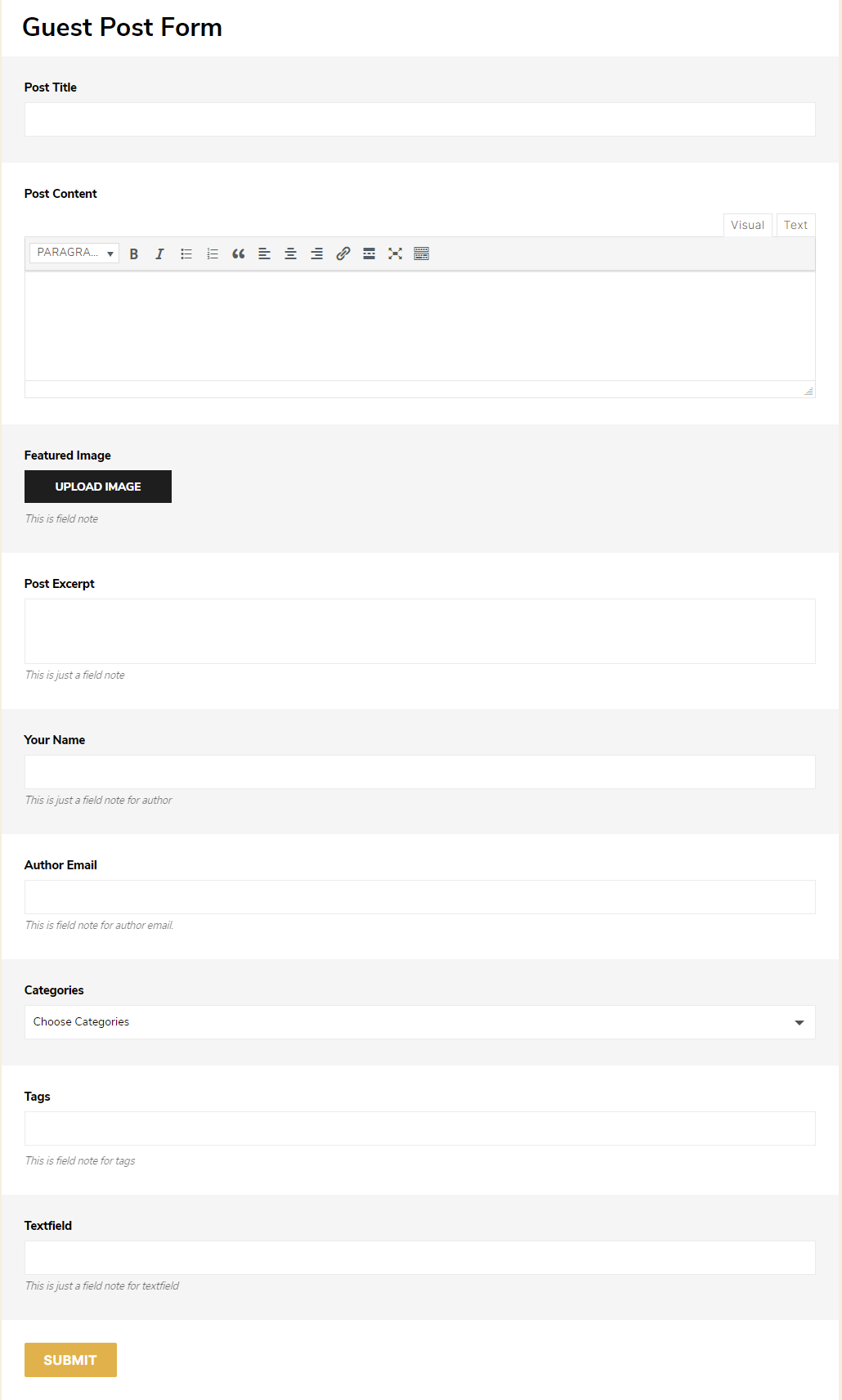Frontend Post Submission Backend Basic Settings