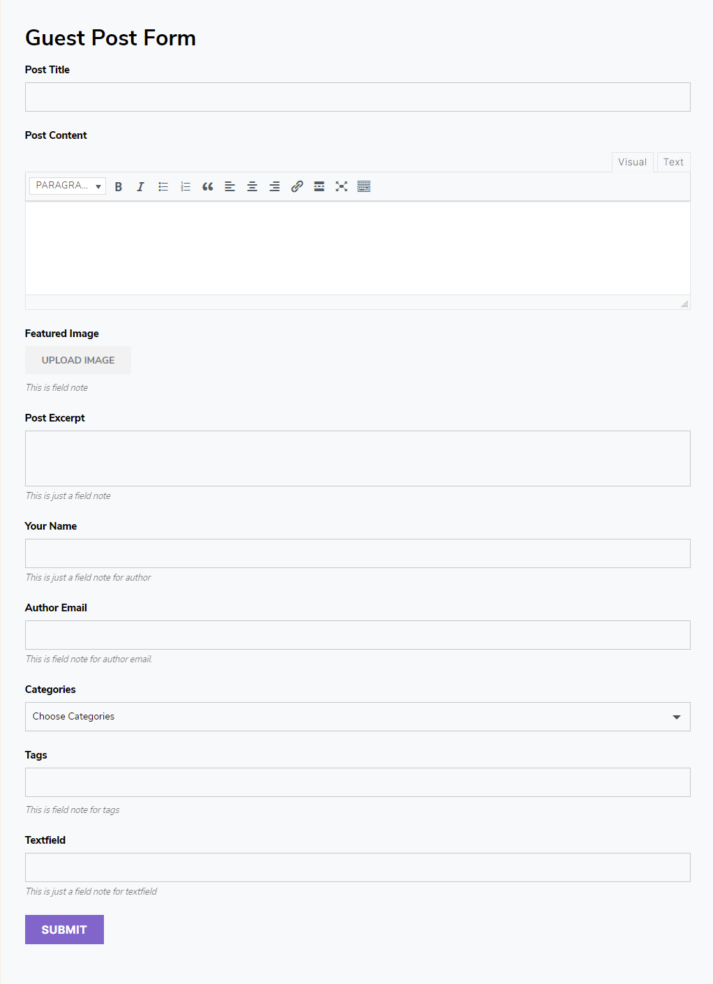 Frontend Post Submission Backend Form Settings