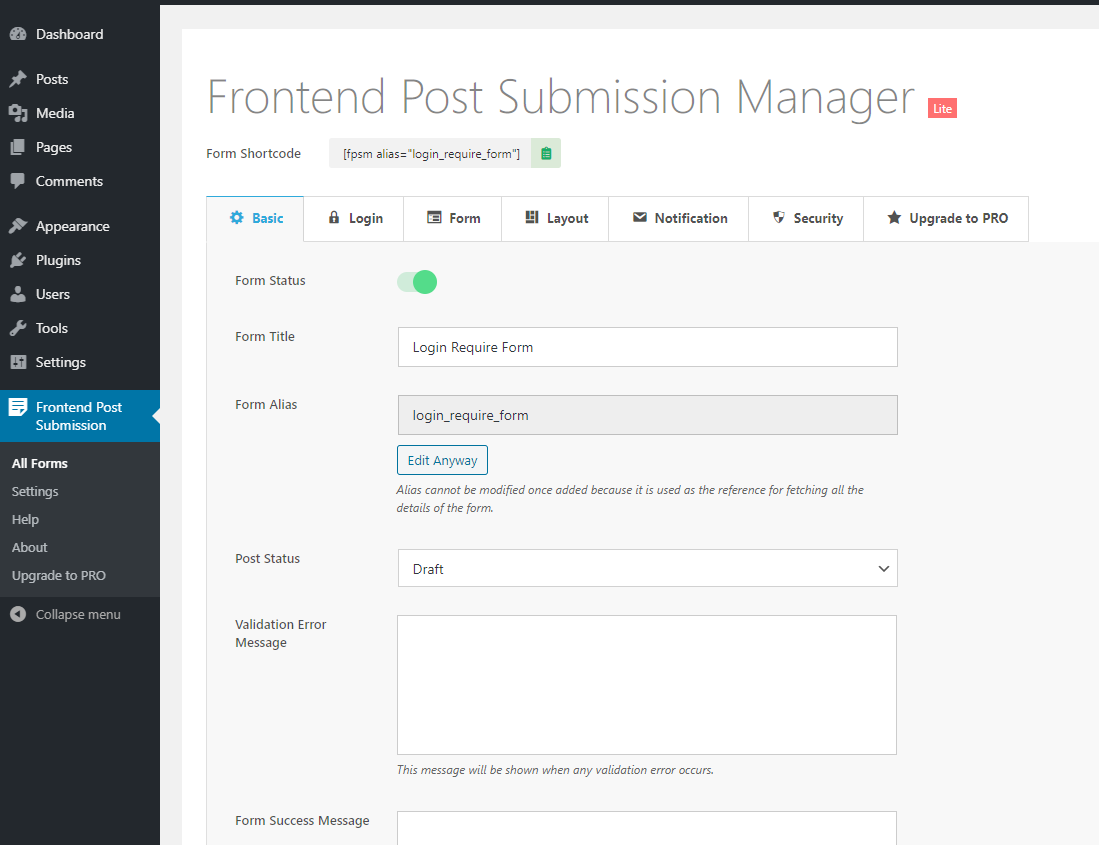 Frontend Post Submission Backend Layout Settings