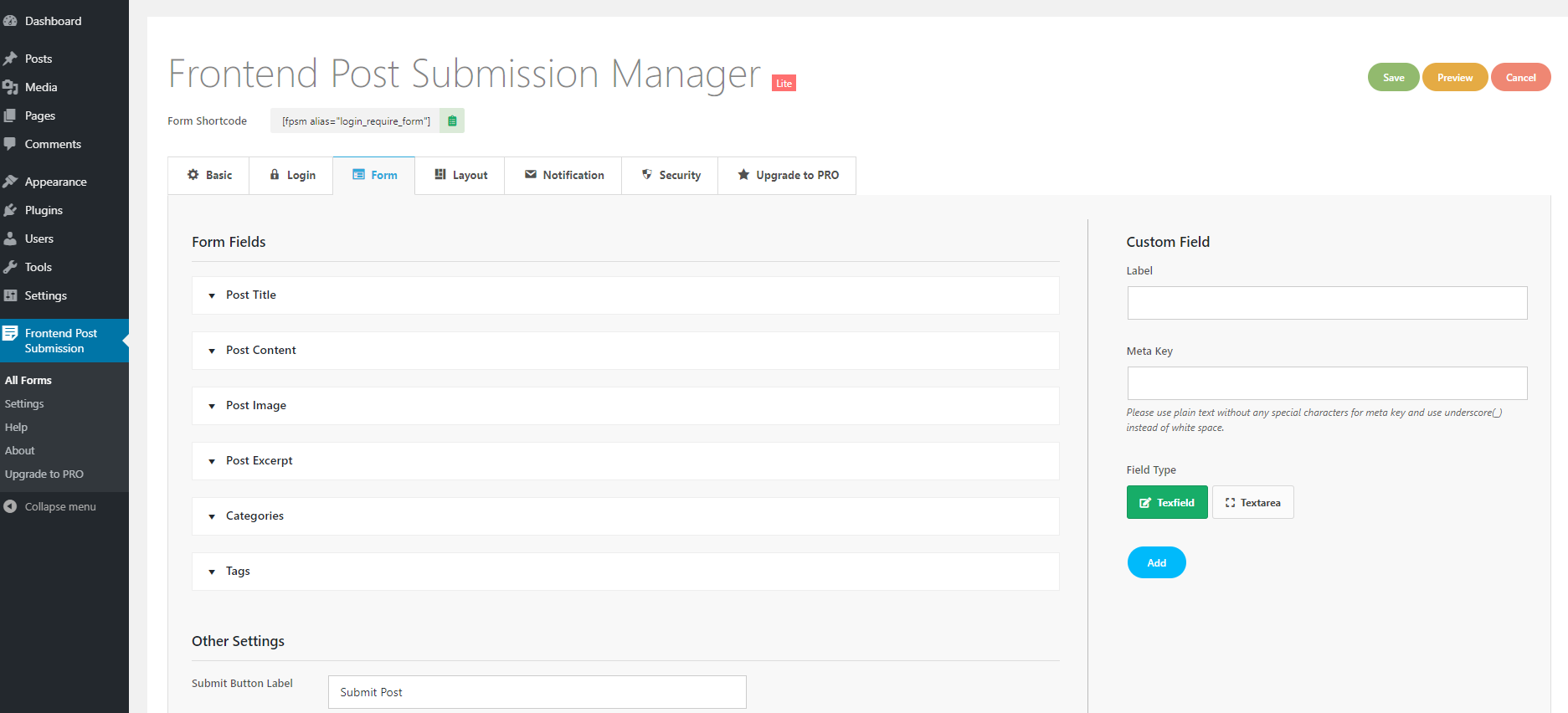 Frontend Post Submission Backend Security Settings