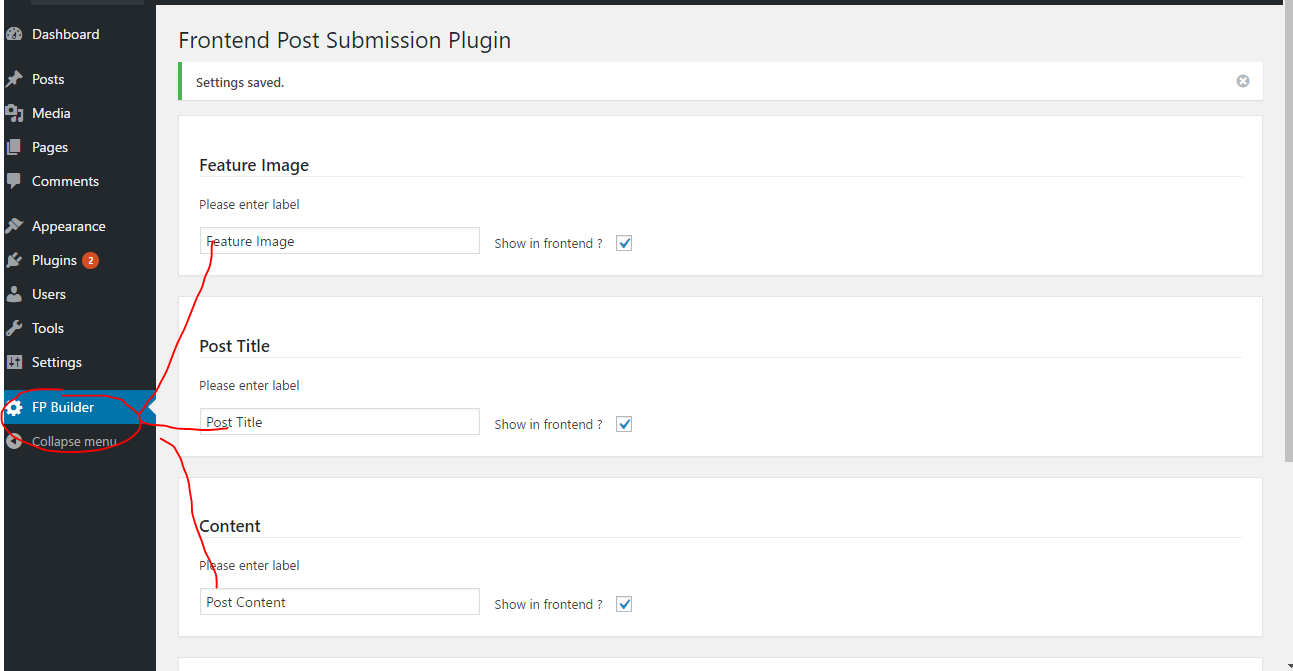 Frontend Post Submission plugin setting page with label and hide or show option