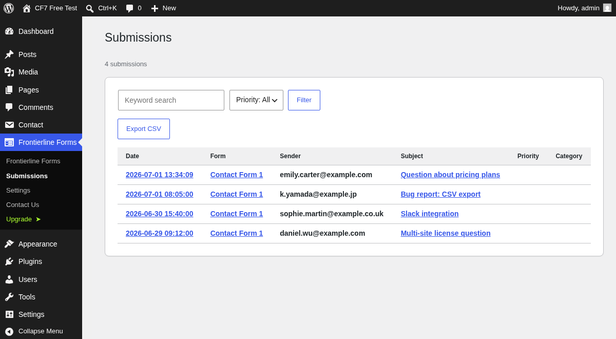 Every submission is saved to your own database, with keyword search, priority/category, and CSV export.