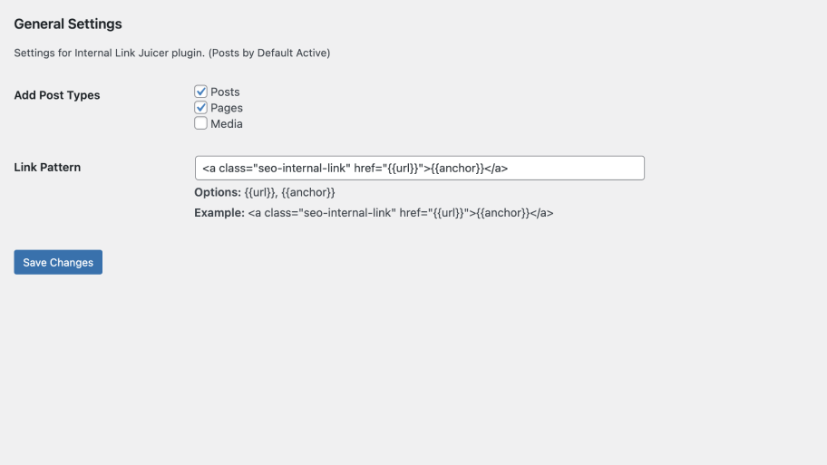 **Settings Page** - Configure post types, link patterns, and other options.