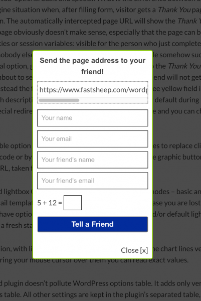 Display - message lightbox as seen after plugin activation on visitor side and before message submission.