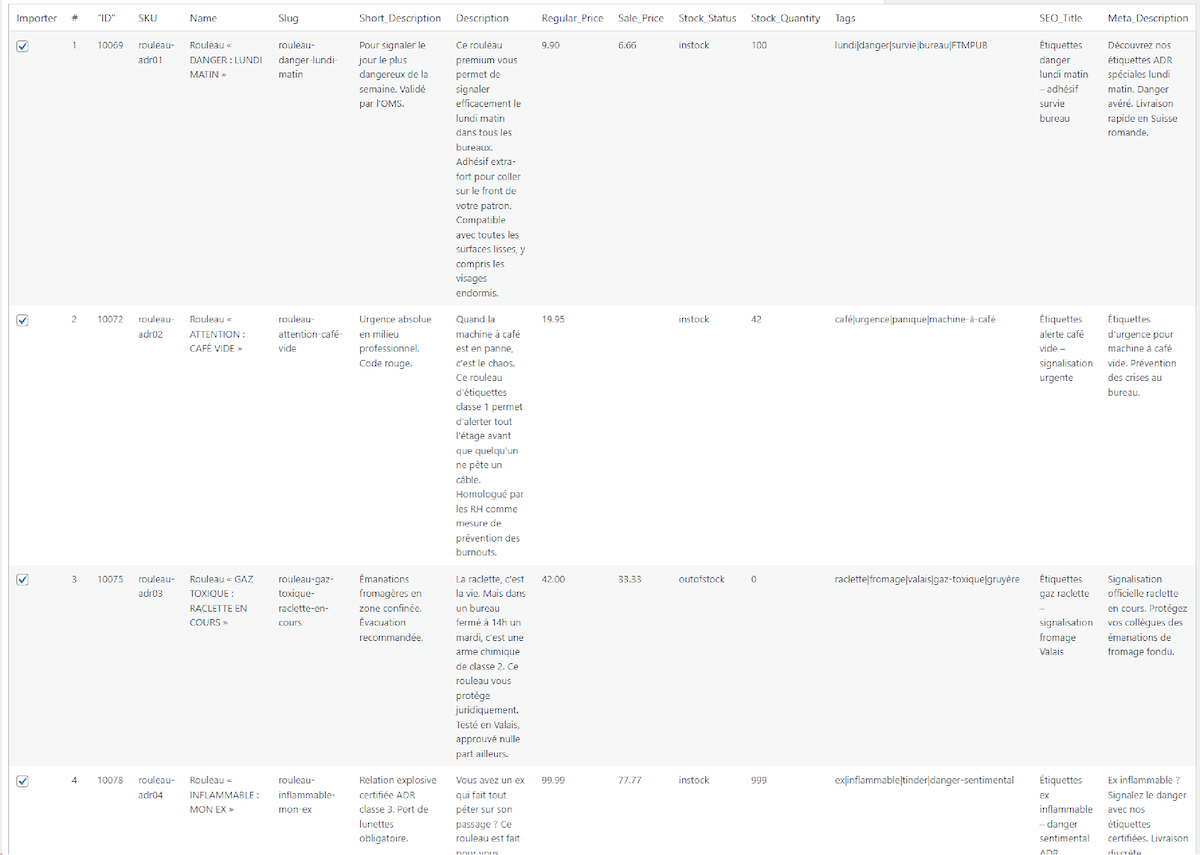 **Preview table** — Review every row before importing. Rows without a valid product key are automatically disabled. Use Select All / None buttons to control the selection.