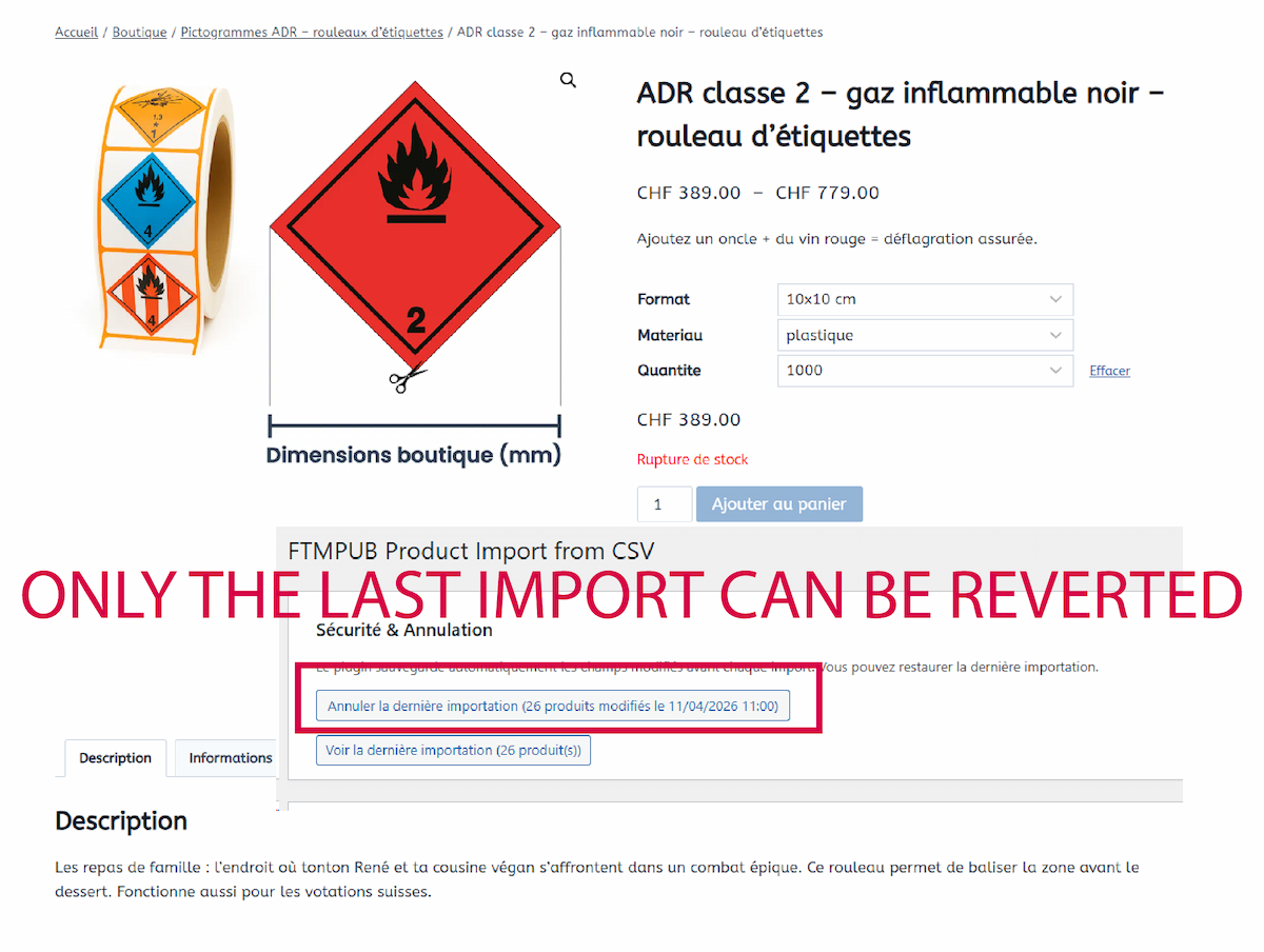 **Import result & rollback** — Green success notice after import with updated / ignored / error counts. The Security & Rollback panel shows the backup ready for one-click undo.