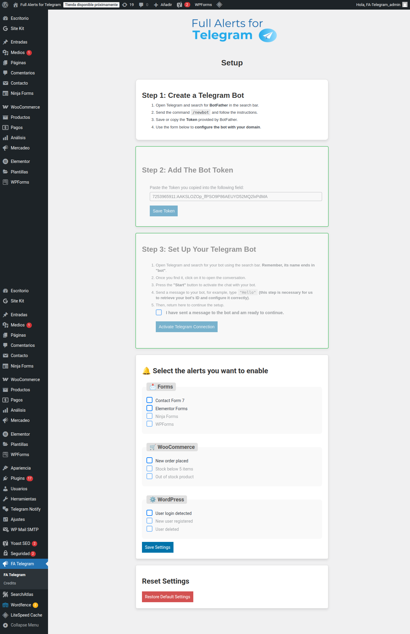 Backend settings page where the plugin functionality is configured.