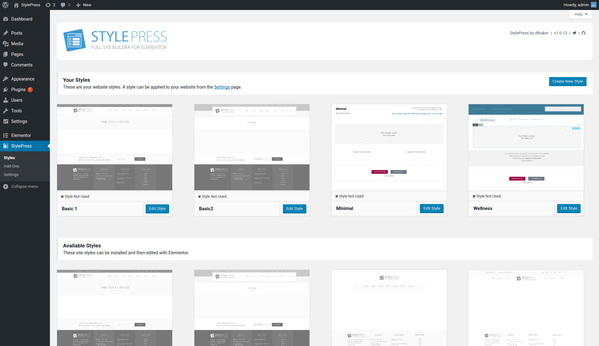 Overview of admin page. Showing all available styles for your site. Your site can have multiple styles.