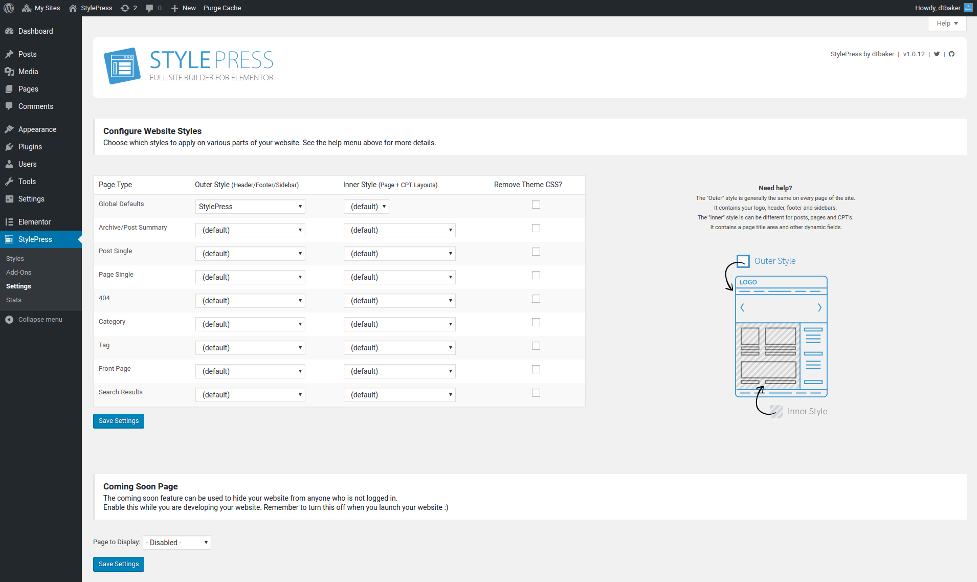 Overview of the settings page. You can set various default styles for various page types.