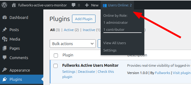 Admin bar dropdown showing online users count and role breakdown