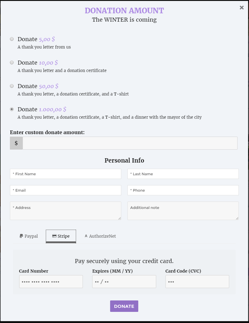 Donation form popup