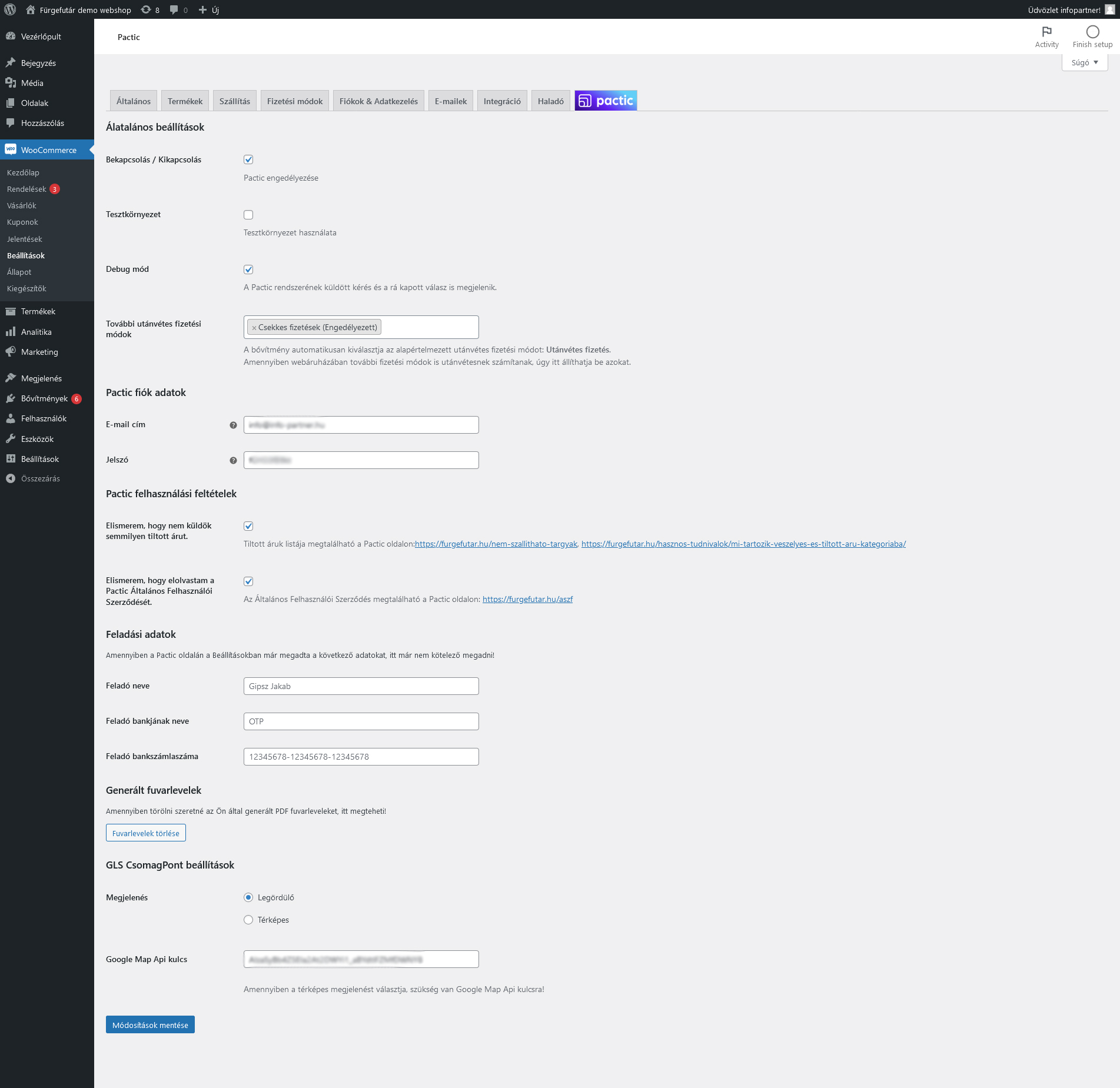 Beállítások képernyő(WooCommerce / Beállítások menüpont Fürgefutár.hu fül)