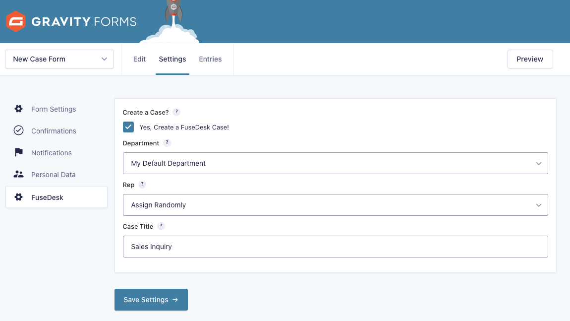 FuseDesk integrates beautifully with Gravity Forms. Simply choose to create a FuseDesk case on your form!