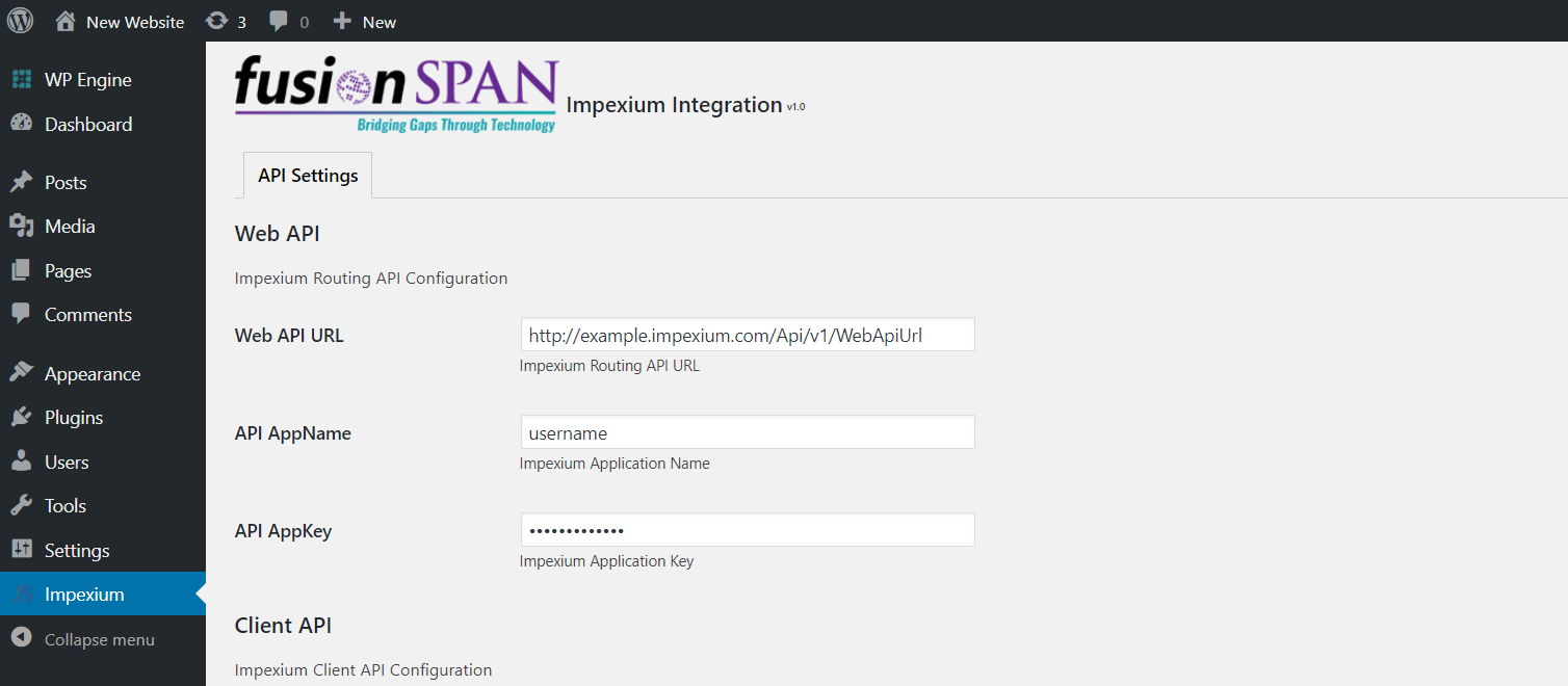 Enter your Impexium API URL and credentials in the Plugin Settings.