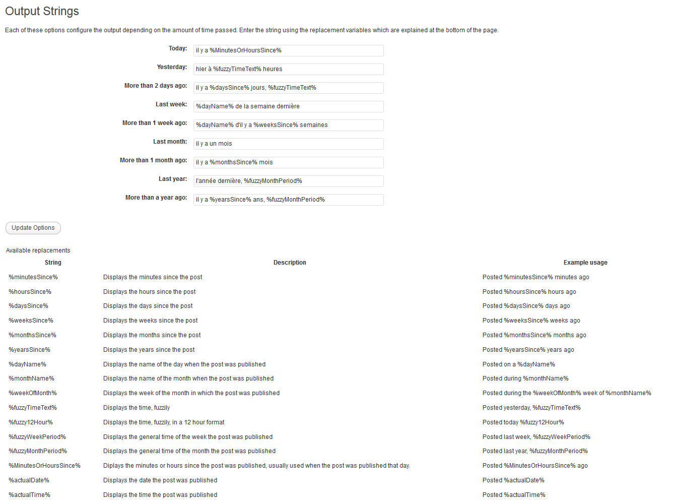 The settings page