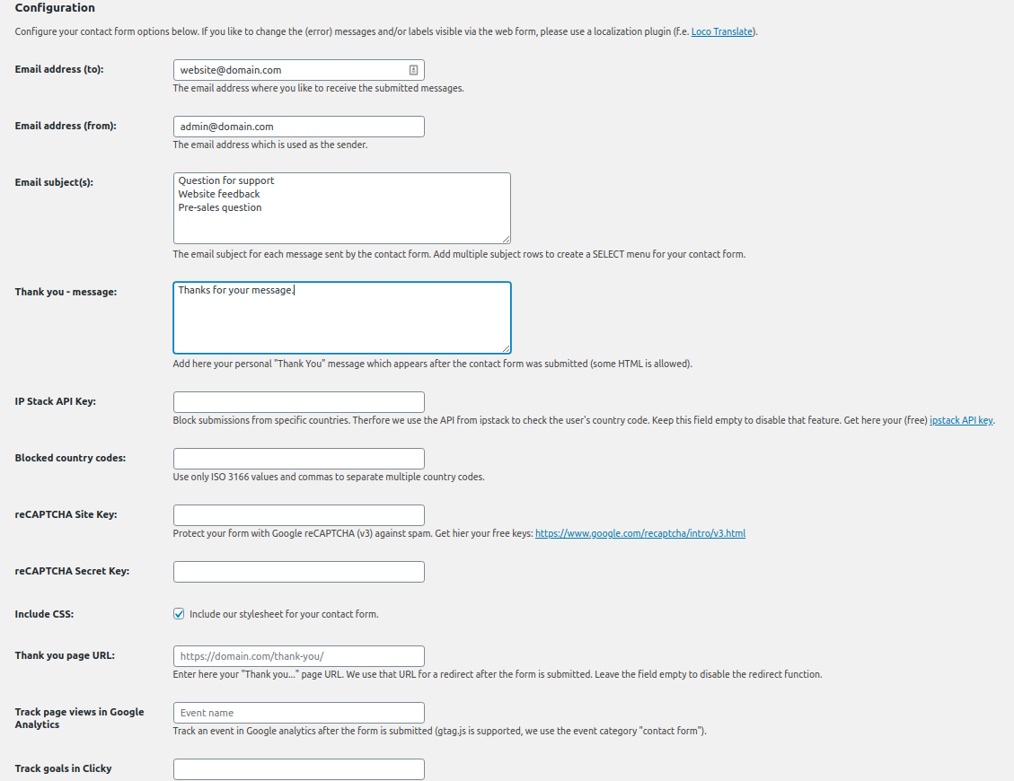 Settings for the *Ajax Contact form*.