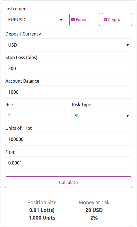 Lot size calculator screenshot