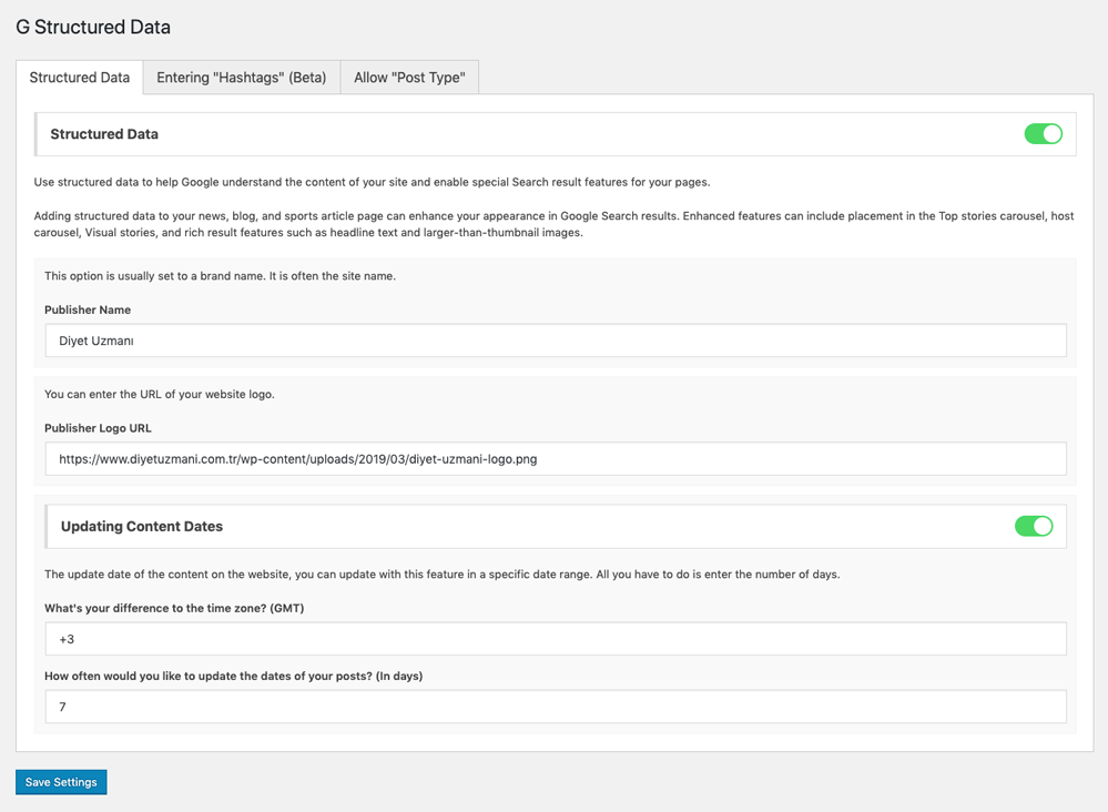 An image from the setting panel of the "G Structured Data" plug-in.