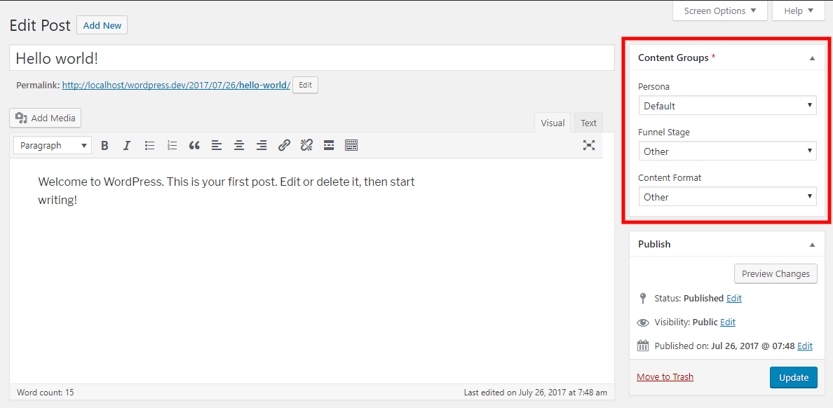 Classify posts and pages by persona, funnel stage and content format