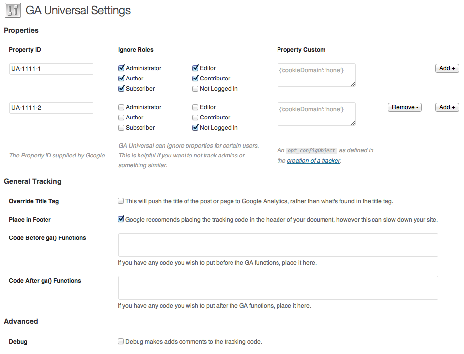 GA Universal's setting page, with advanced settings.