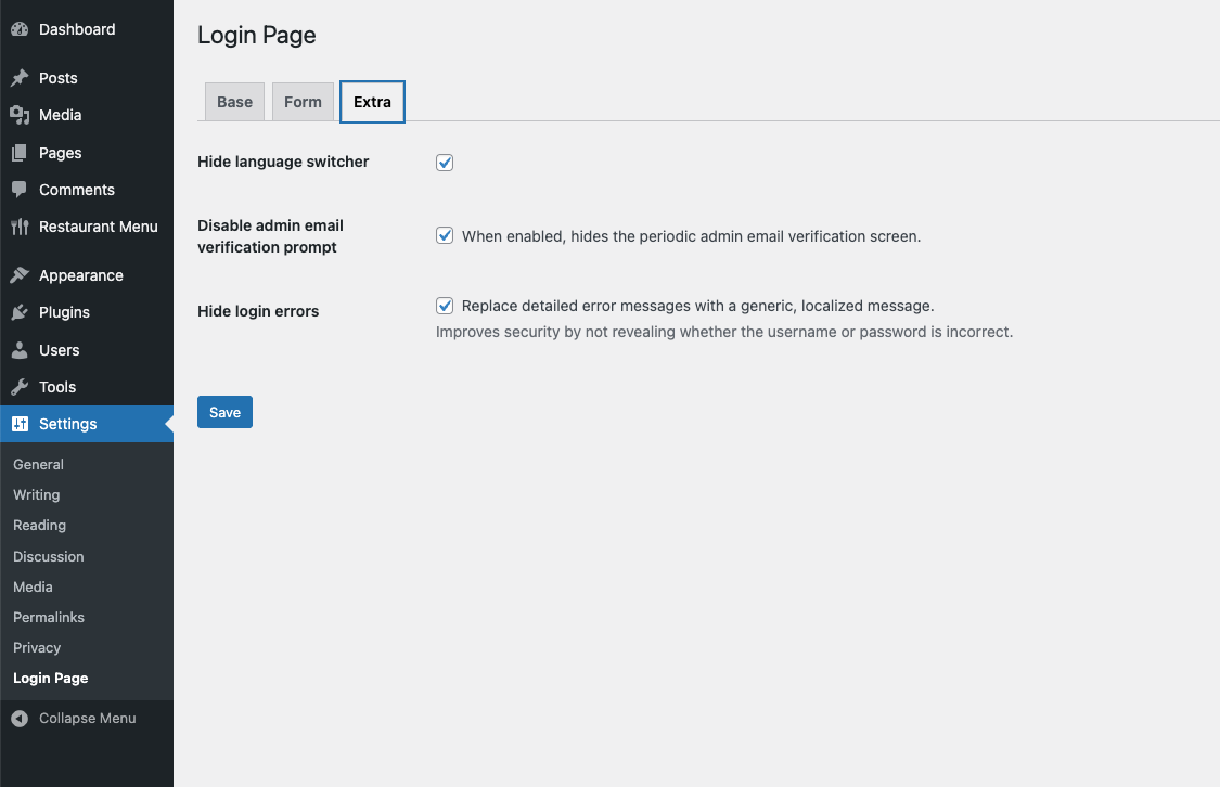 Settings page - Extra settings.