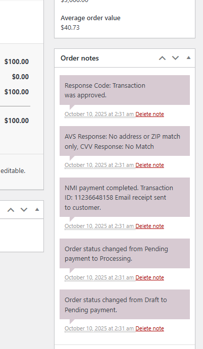 WooCommerce Order Notes displaying AVS, CVV, Confirmation, and Error codes from NMI.