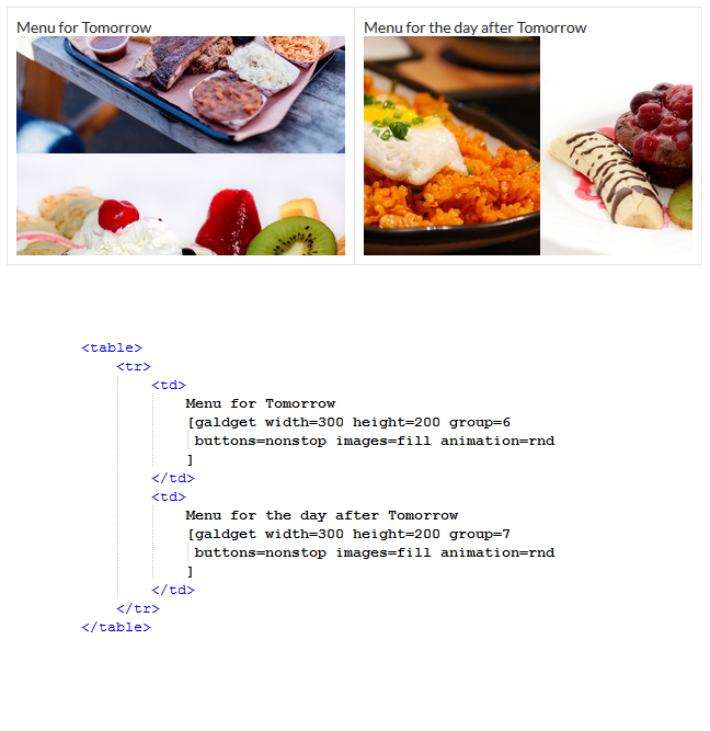 Two galleries on the page, two shortcodes (inside a table, for proper alignment).