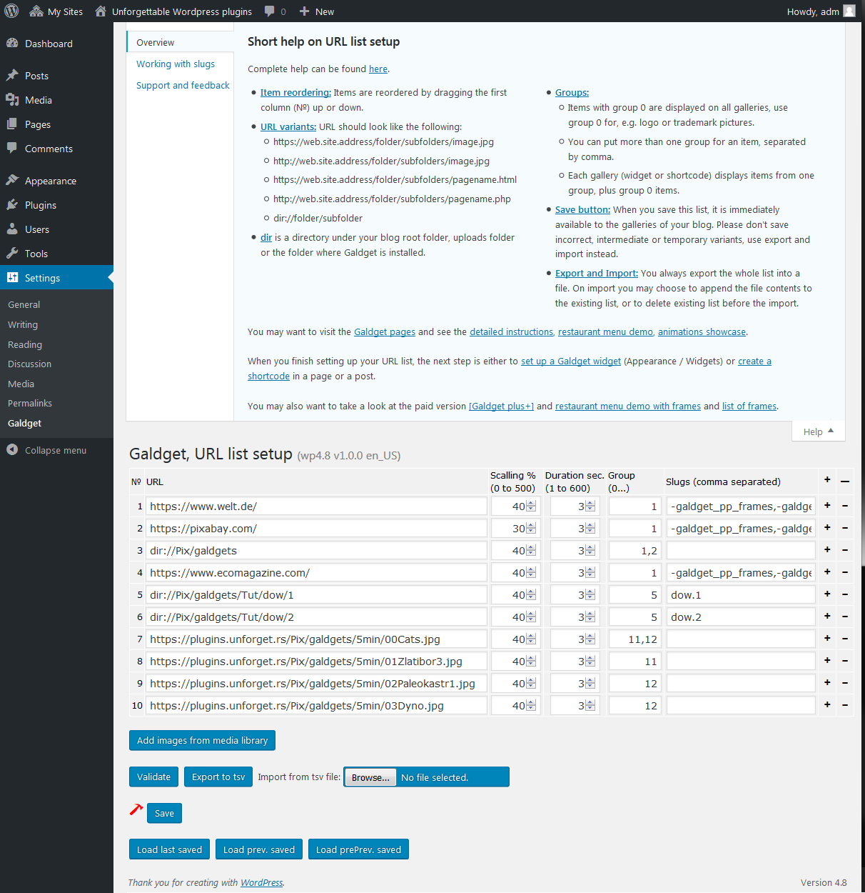 URL list setup page