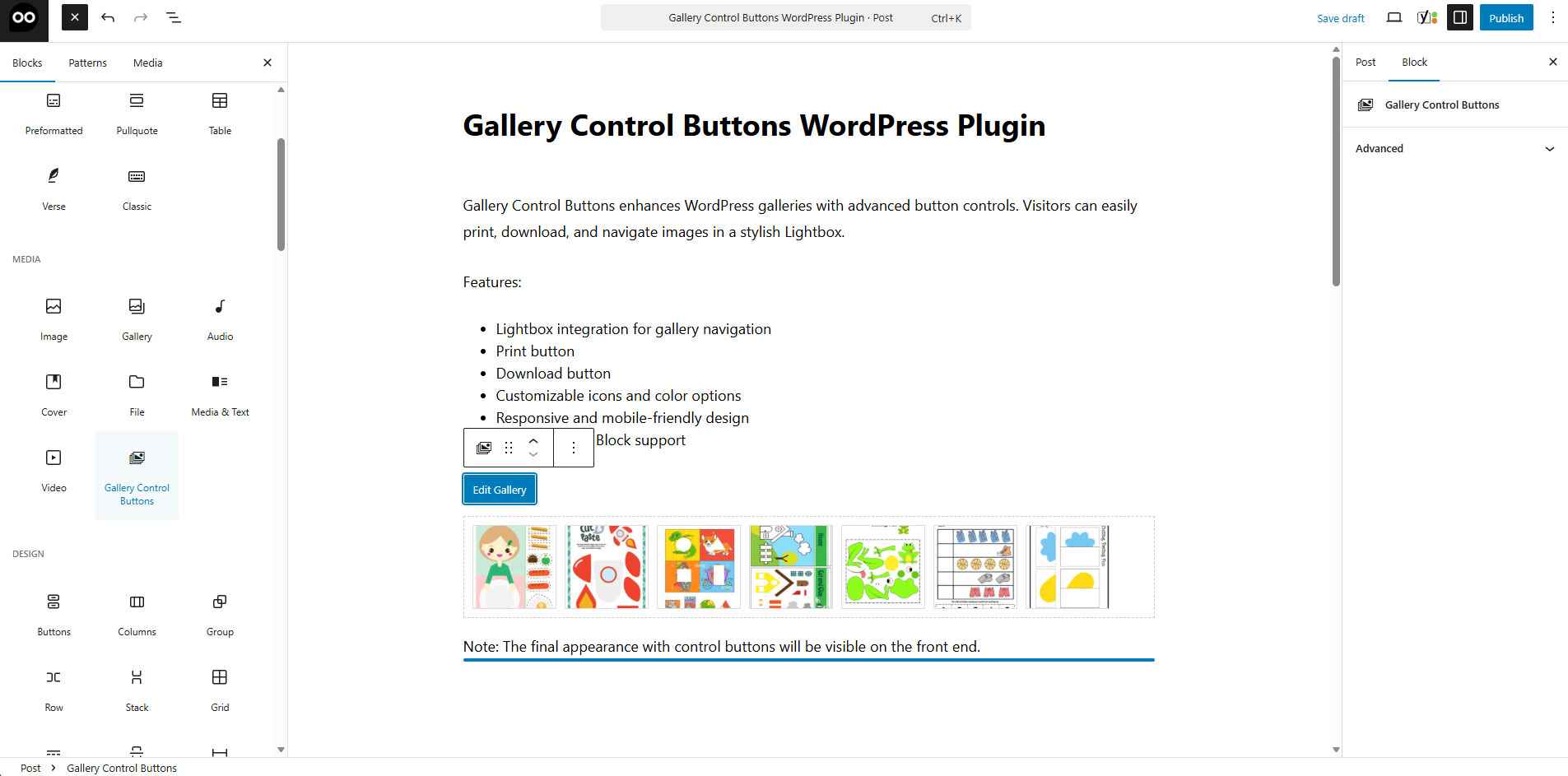 Buttons on gallery page
