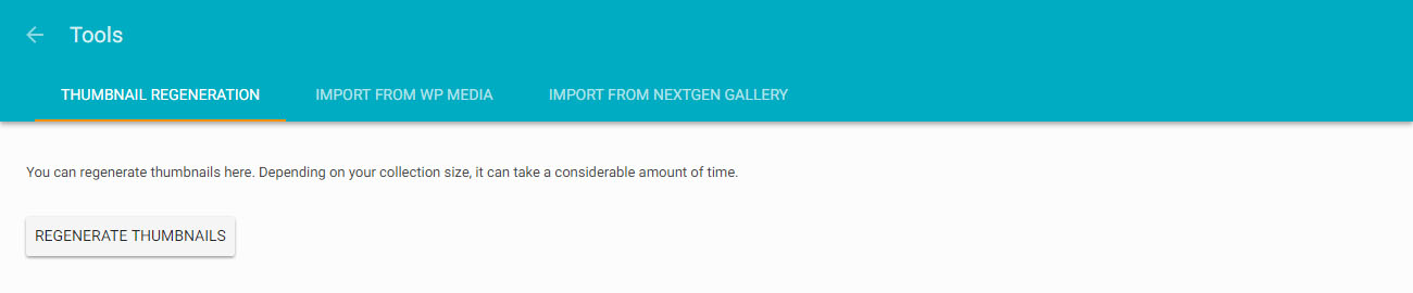 Tools page, "Thumbnail regeneration" tab