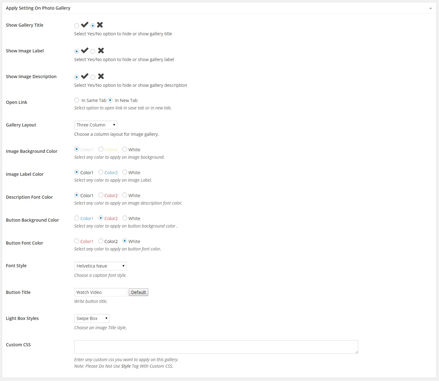 Gallery Pro Settings Panel