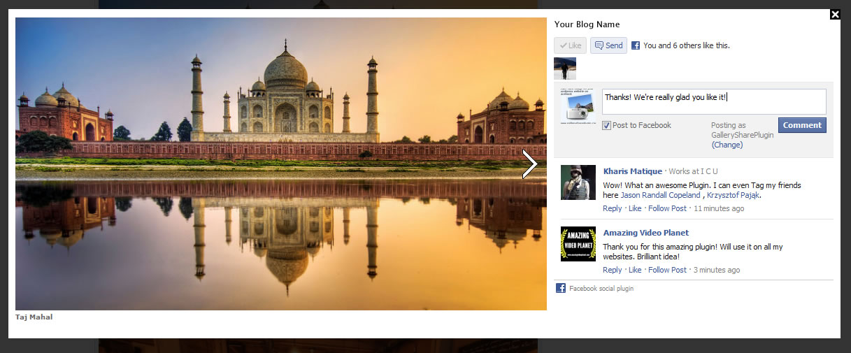 The image shows the plugin in action. This is the lighbox that opens when clicking on an image. Two Facebook comments have been added to the image.