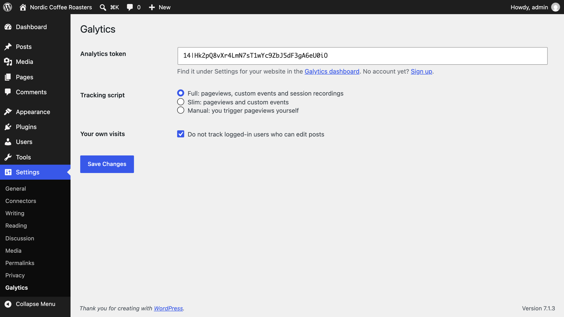 The plugin settings in WordPress: paste your token, pick a script and decide whether your own visits count.