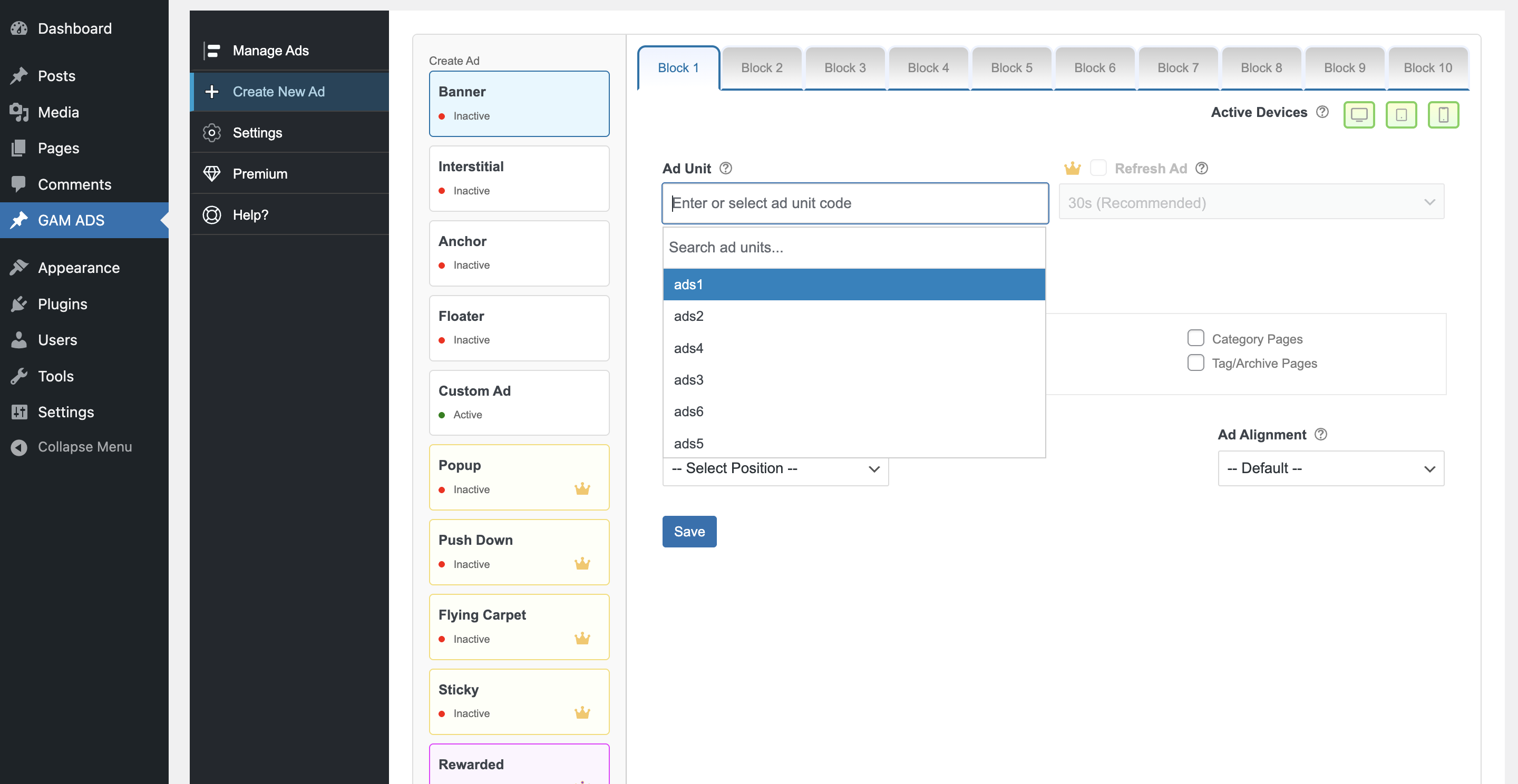 Create New Ad form with Selection of ad unit.