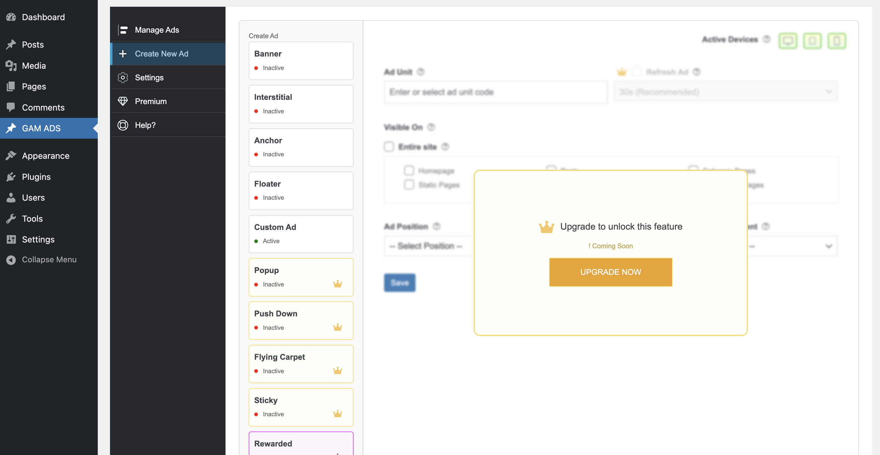 Upgrade popup showing Premium features.