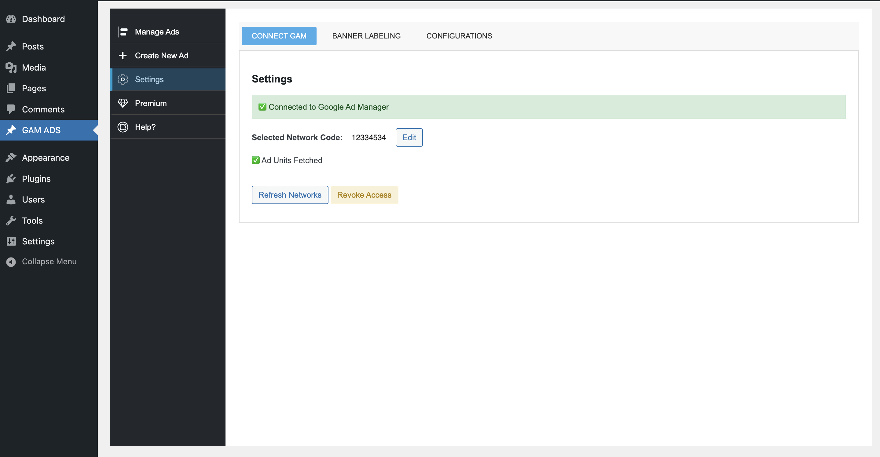 GAM Connect Settings.