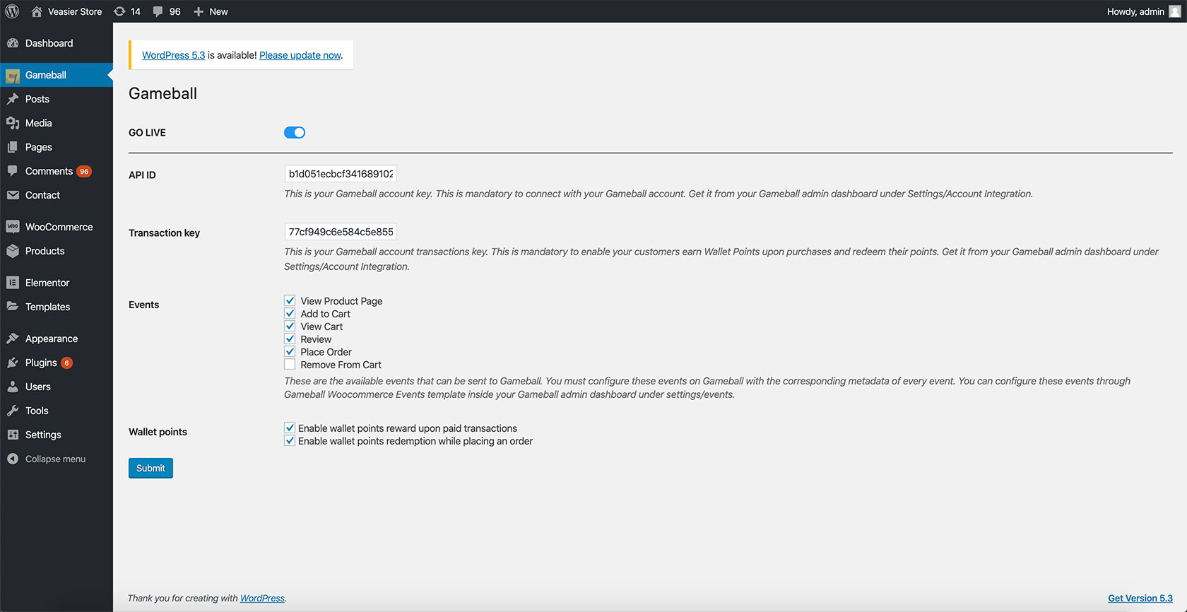 Gameball plugin configuration page