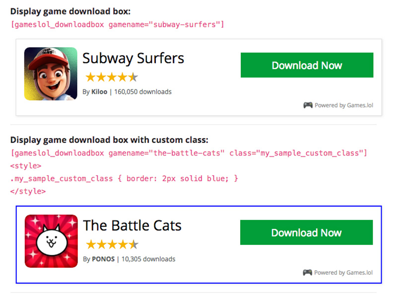 Simple shortcode usage example: default download box, and another with custom css class.