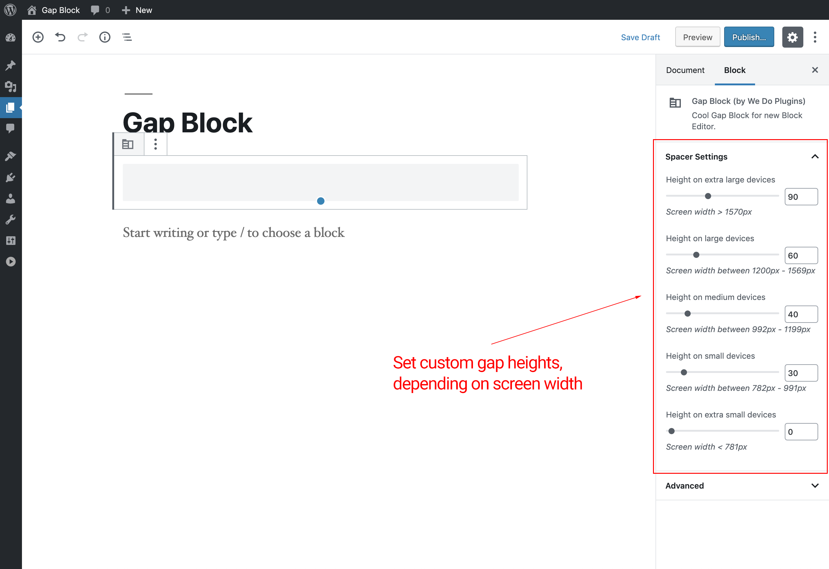 You can set custom gap height for each screen width separately