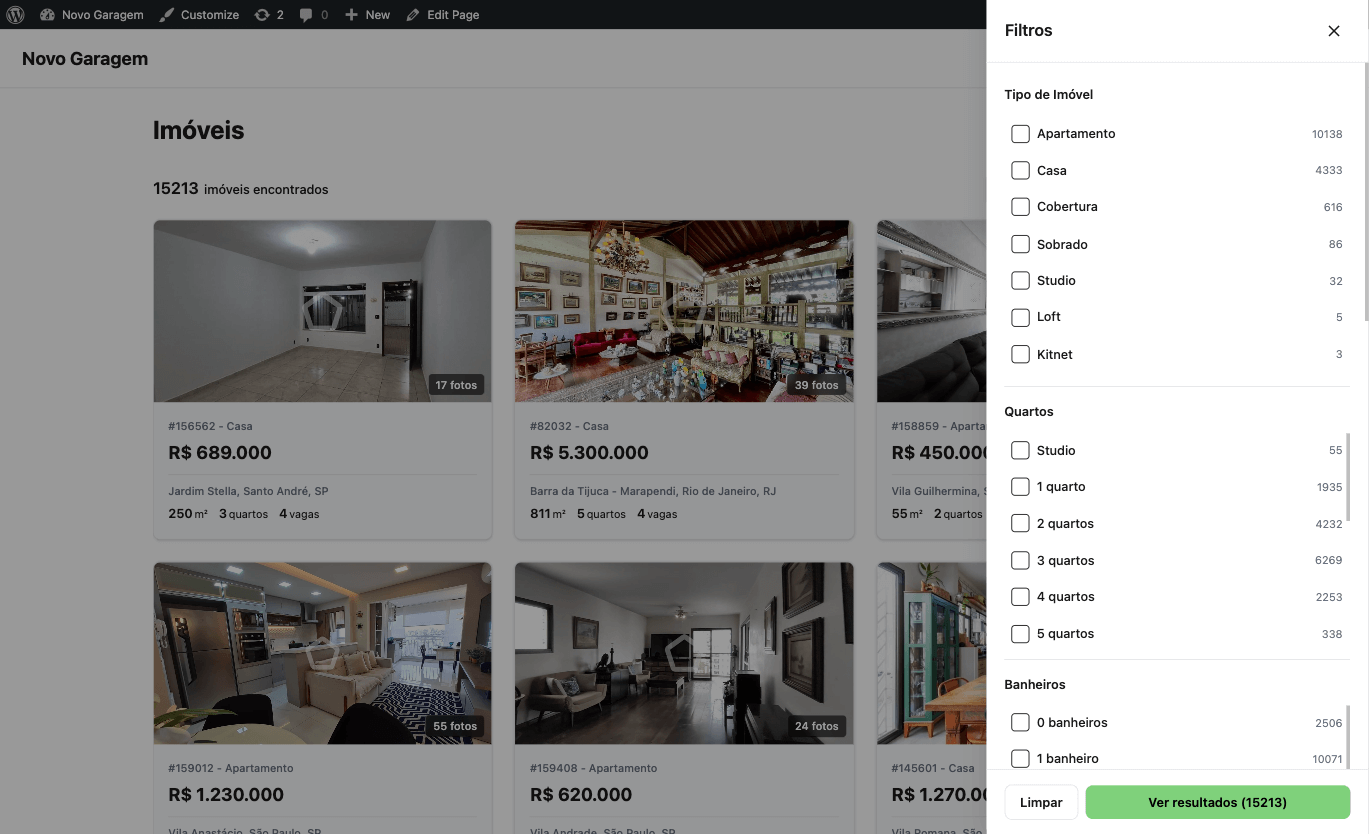 Página de busca com o painel de filtros avançados aberto