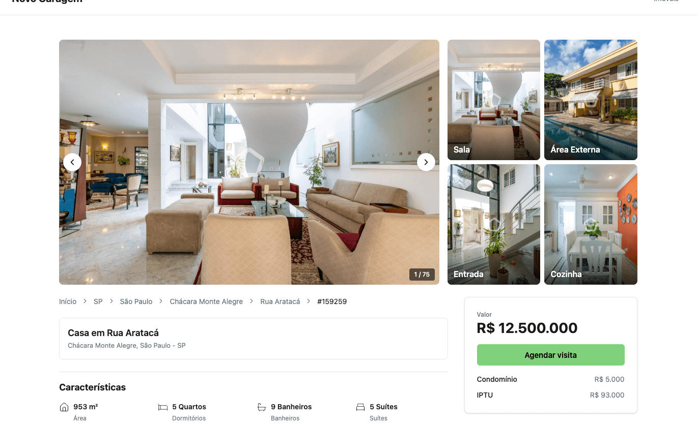 Página individual do imóvel com detalhes completos, galeria e captação de lead