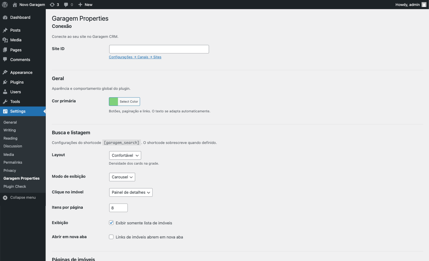 Página de configurações do plugin no painel WordPress