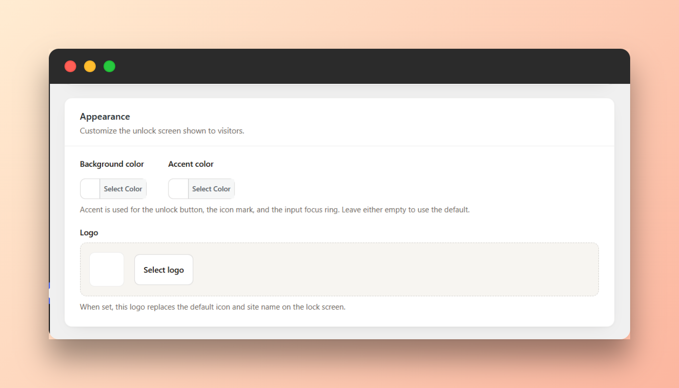 The appearance settings — background color, accent color, logo, and secondary button.