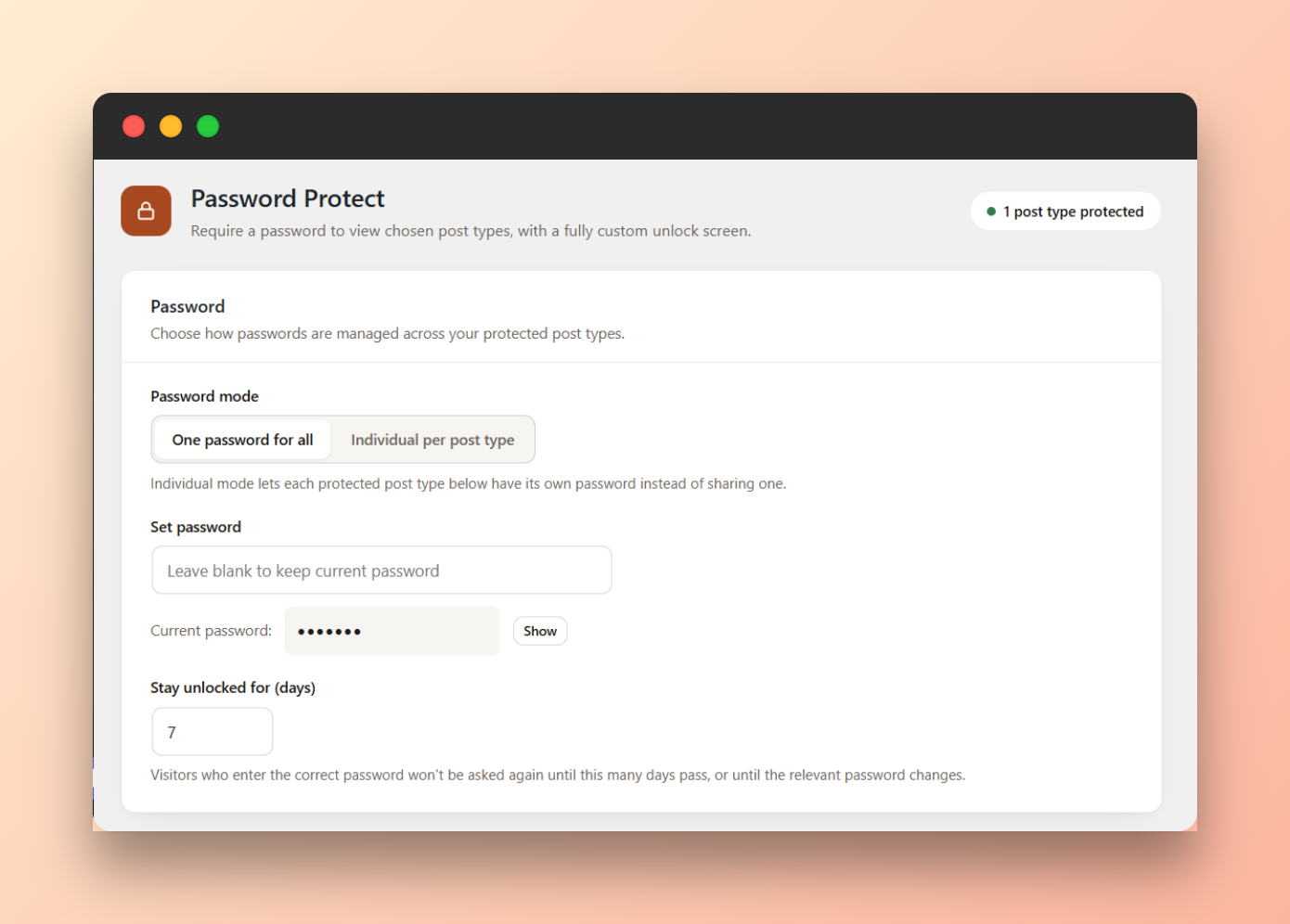 The Gatekeepr settings screen — password mode, password field, and unlock duration.