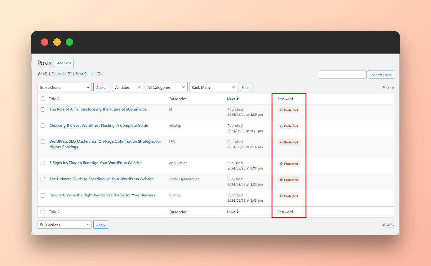 A "Protected" indicator column on the Posts list, showing which posts are gated.