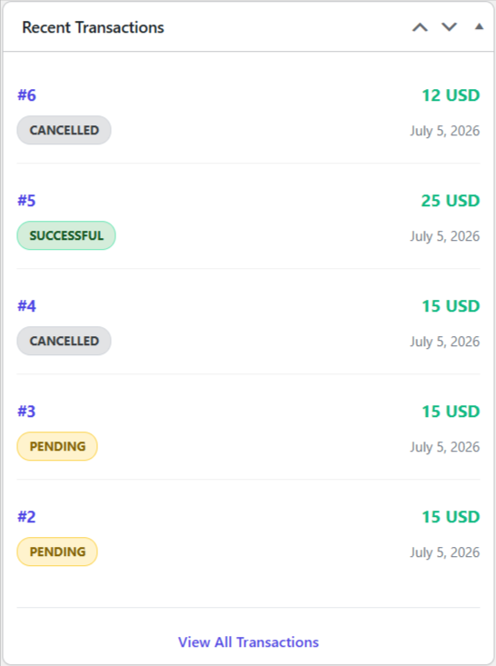 Dashboard widget showing recent payments.