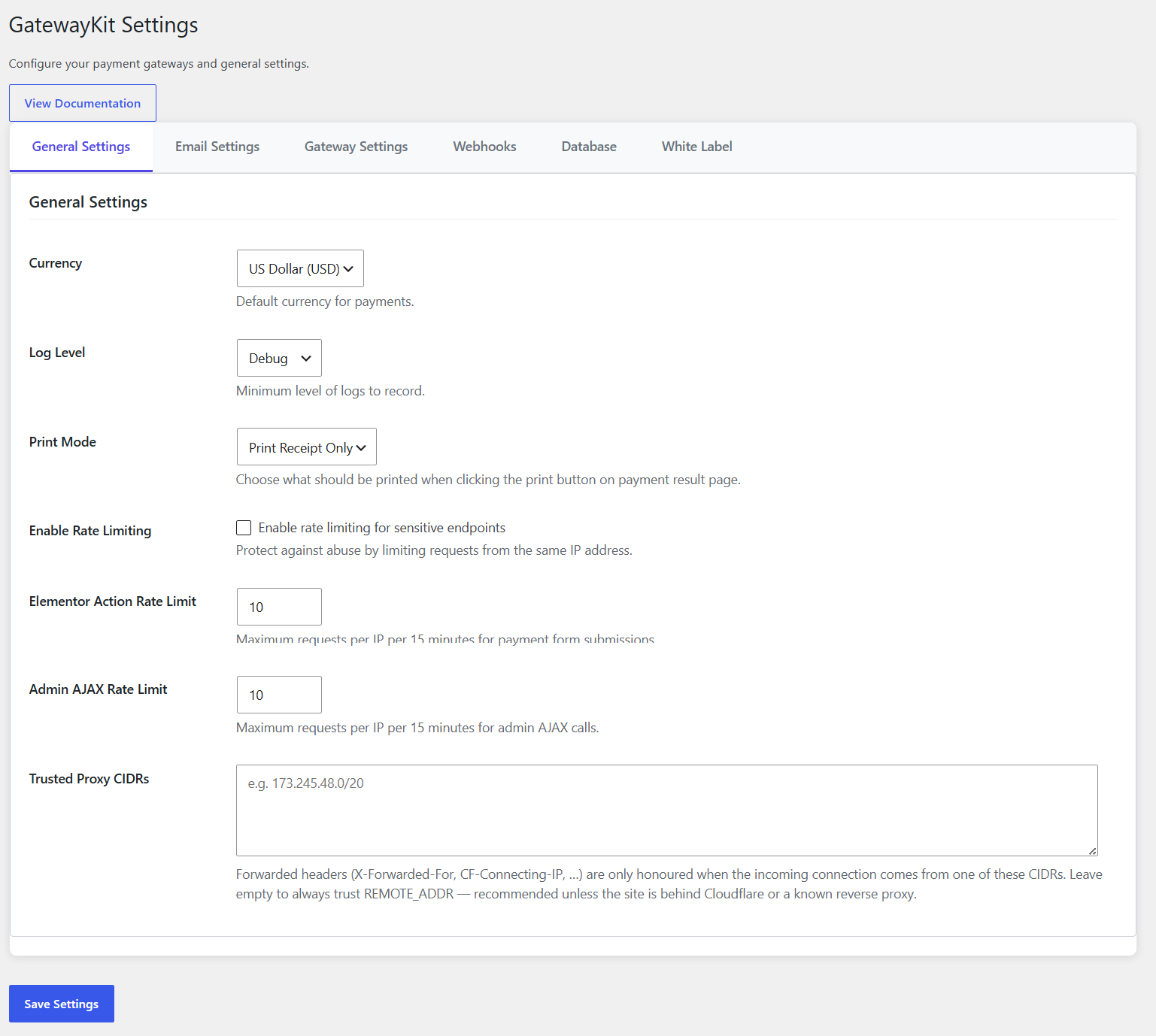 Settings page with gateway configuration.