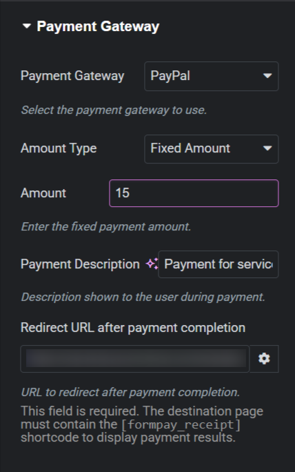 Gateway settings configured inside Elementor.