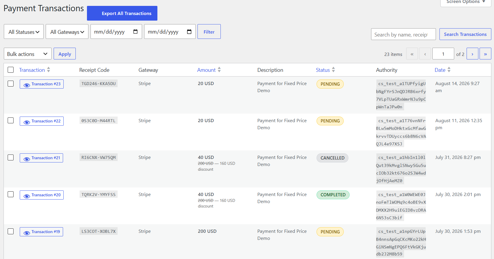 Transaction management list with filters.