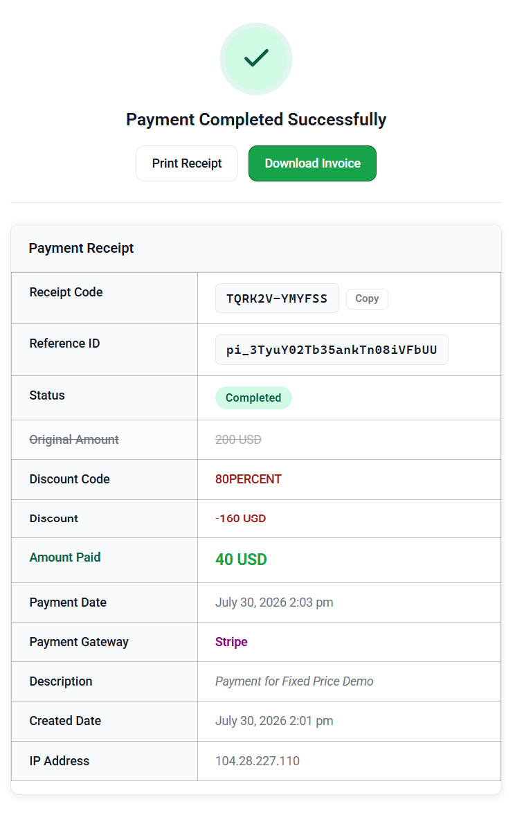 Payment receipt generated after a successful transaction.